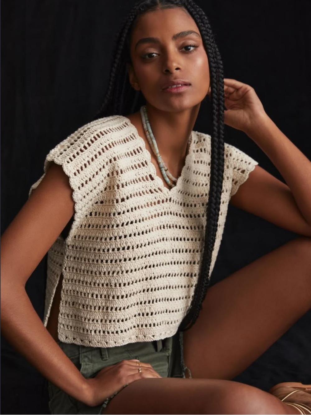 By Anthropologie Open Knit Crochet Lace Up Back Crop Top Boho One Size